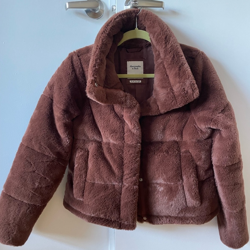faux fur women's brown puffer jacket